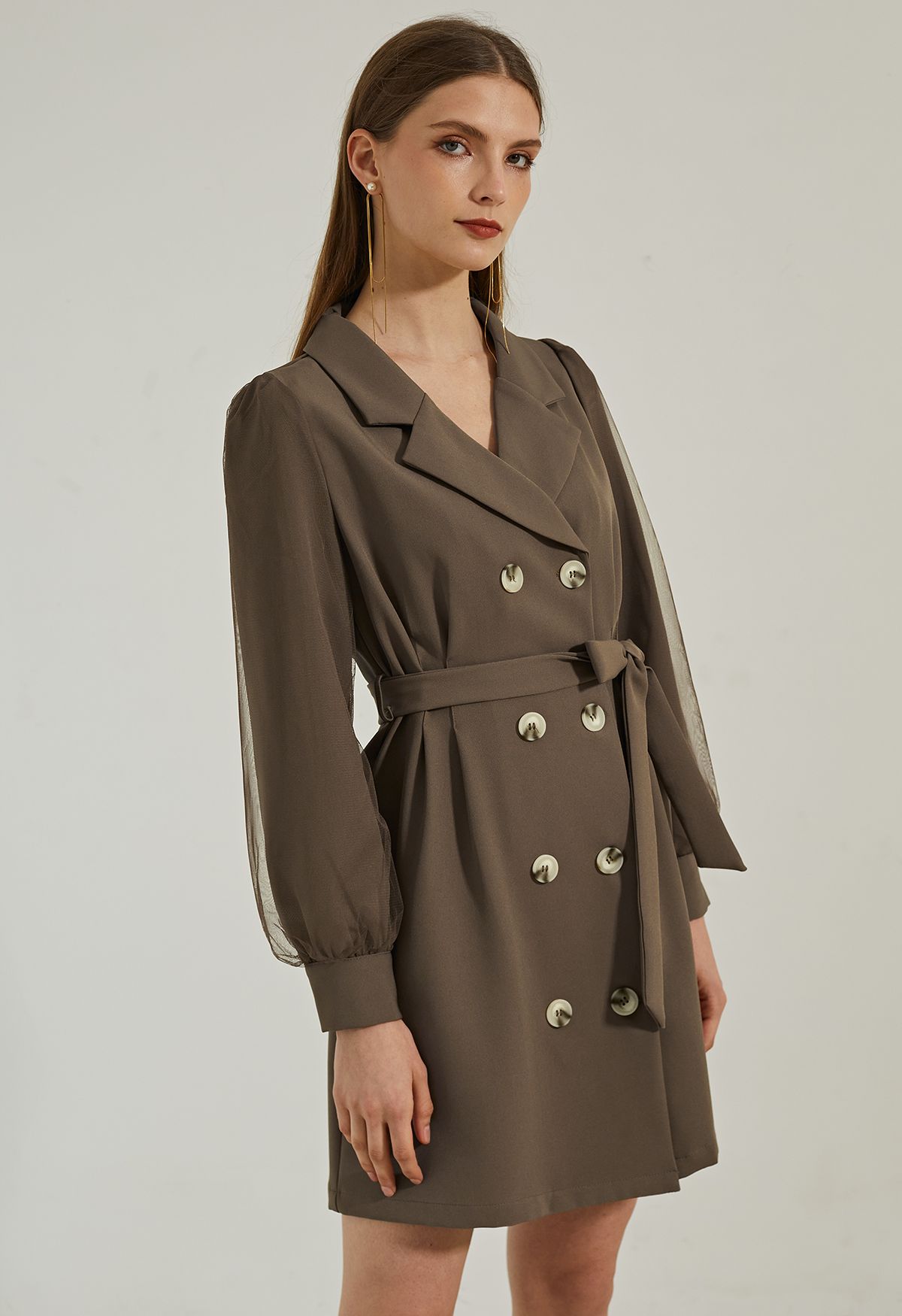 Mesh Overlay Sleeve Double Breasted Blazer Dress in Brown