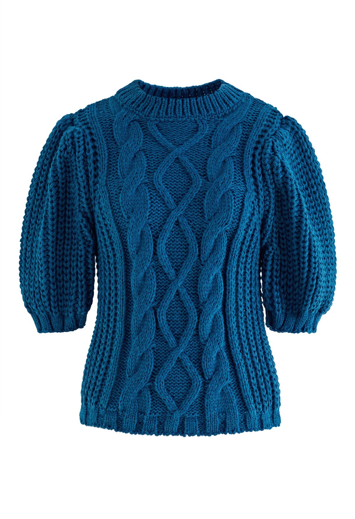 Bubble Sleeve Braided Ribbed Sweater in Indigo