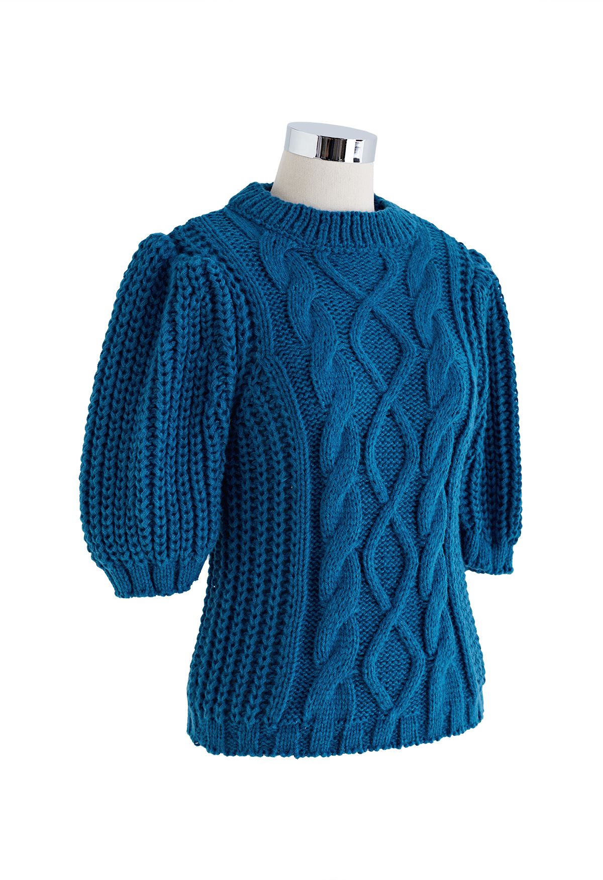 Bubble Sleeve Braided Ribbed Sweater in Indigo