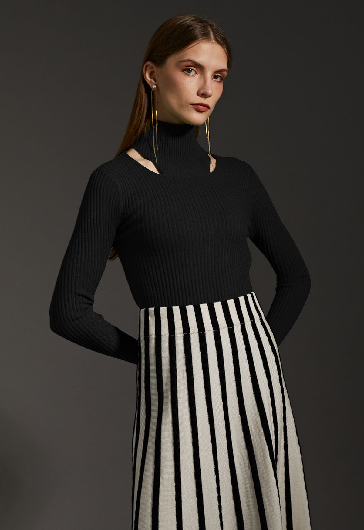 Cutout High Neck Rib Knit Top in Black