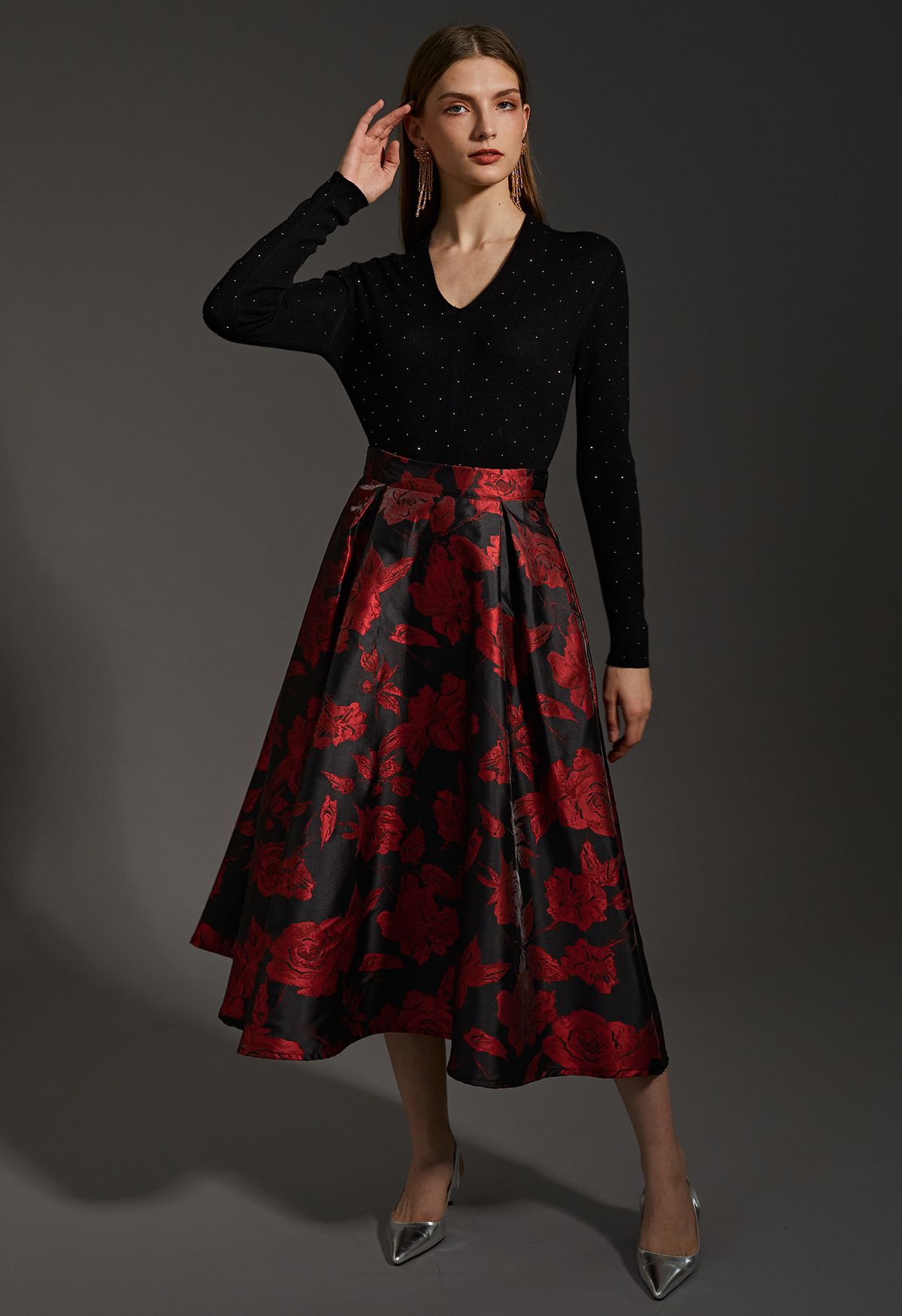 Mysterious Red Rose Jacquard A-Line Skirt