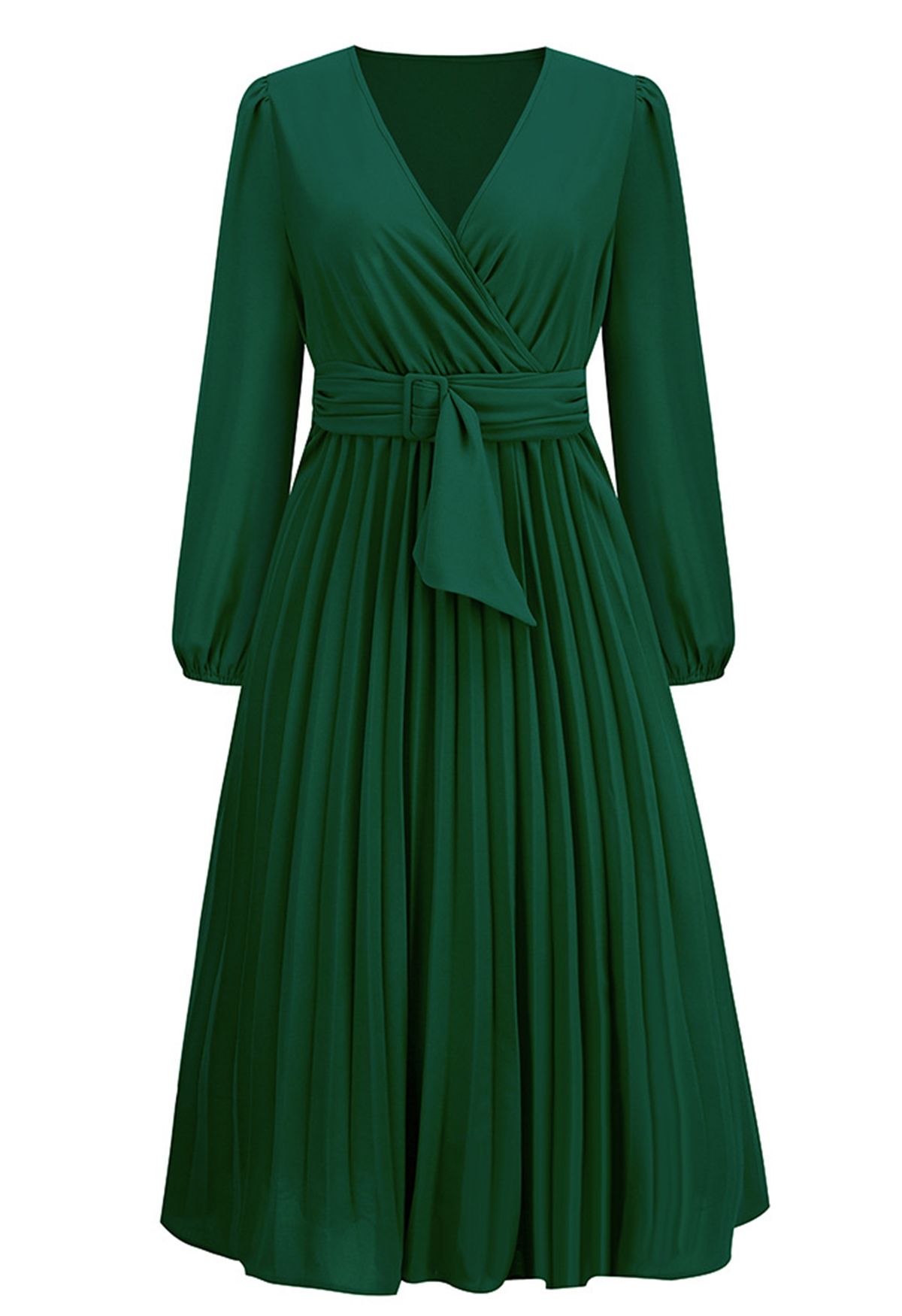 Wrap Front Buckle Belt Dress in Dark Green