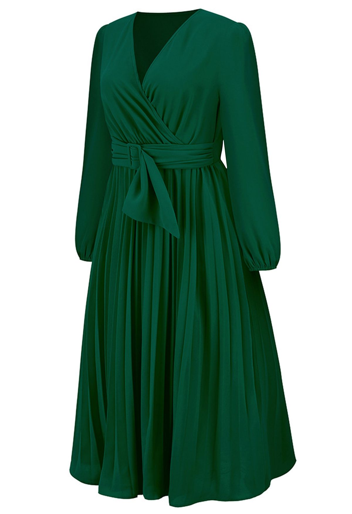 Wrap Front Buckle Belt Dress in Dark Green