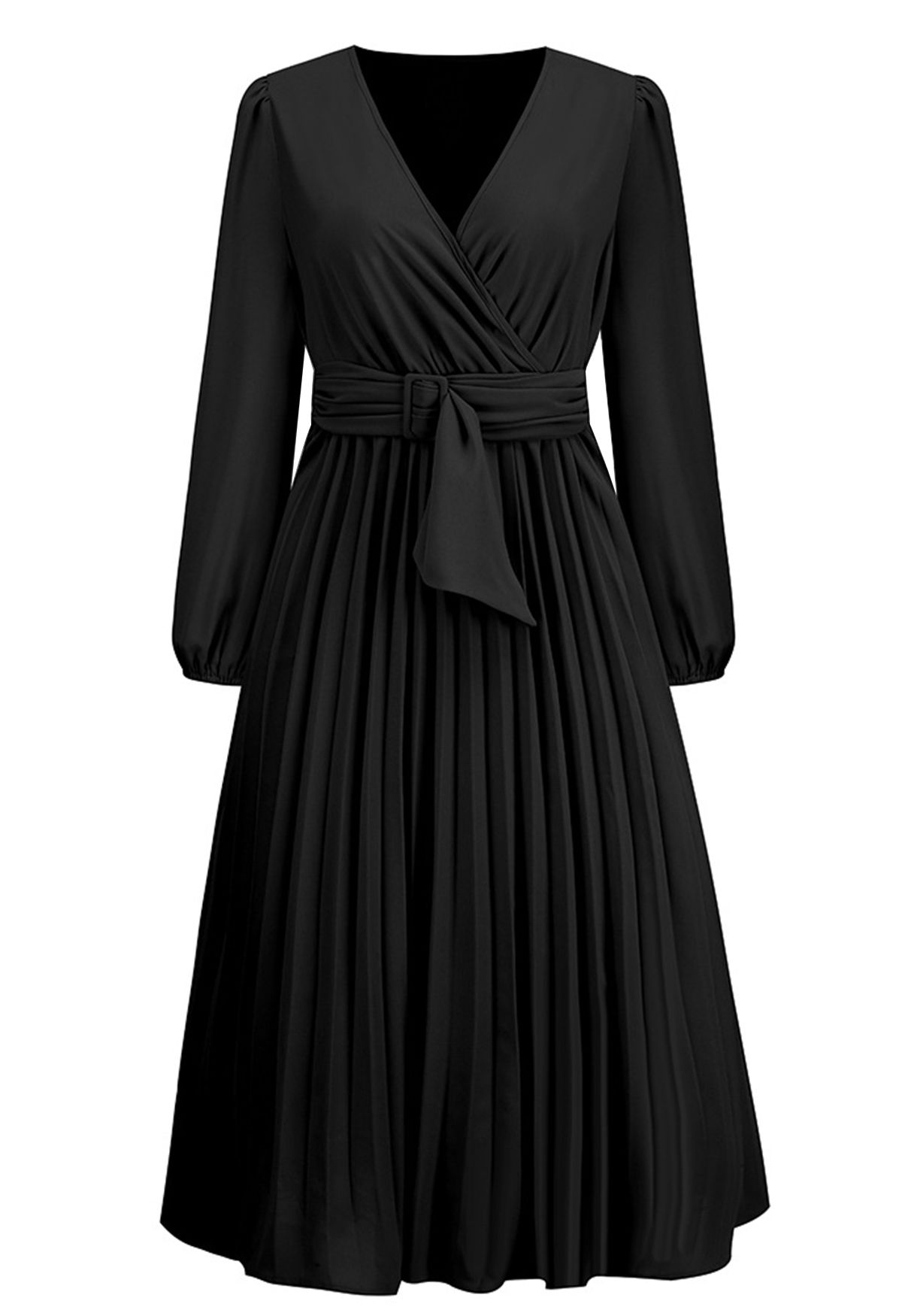 Wrap Front Buckle Belt Dress in Black