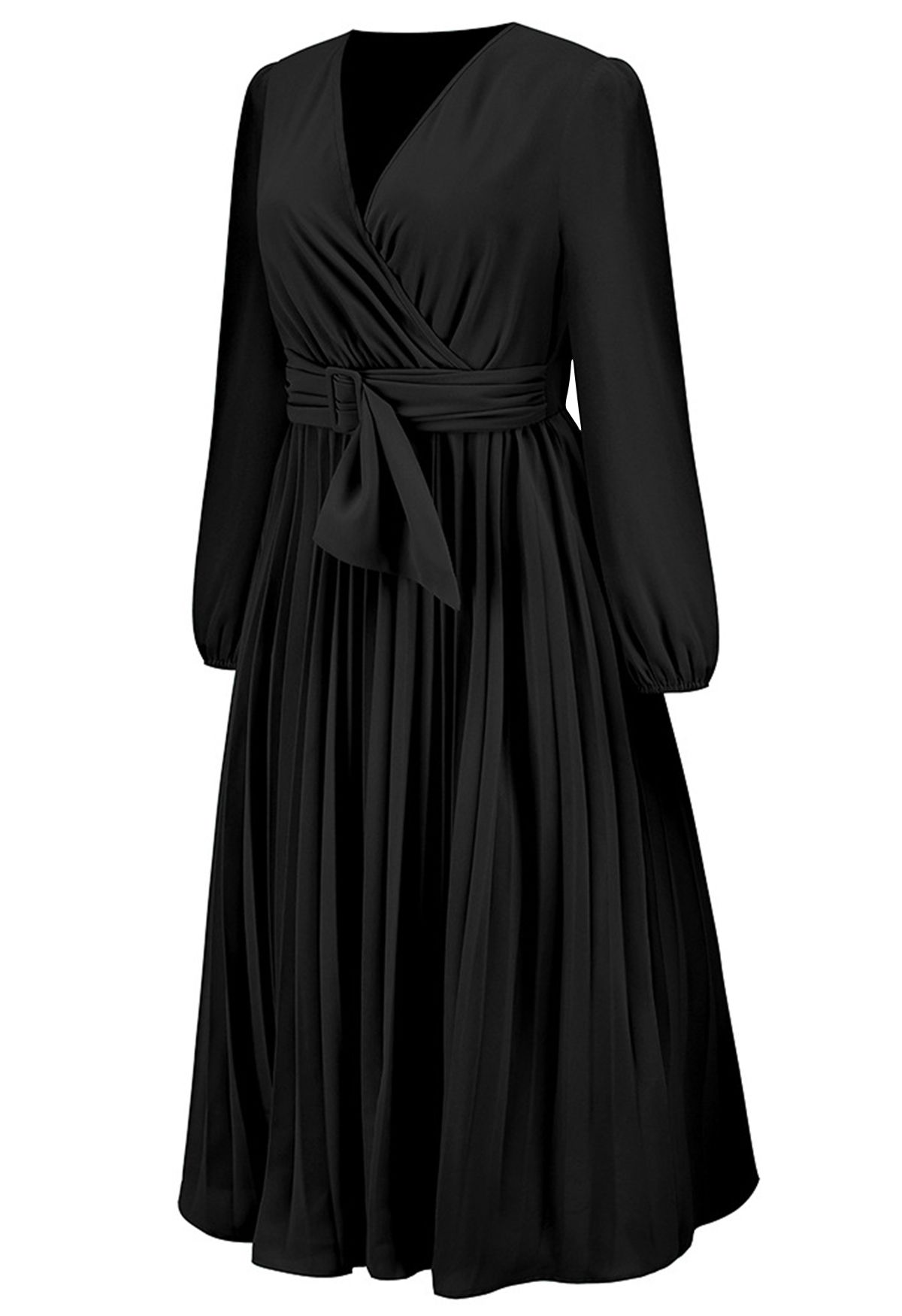 Wrap Front Buckle Belt Dress in Black