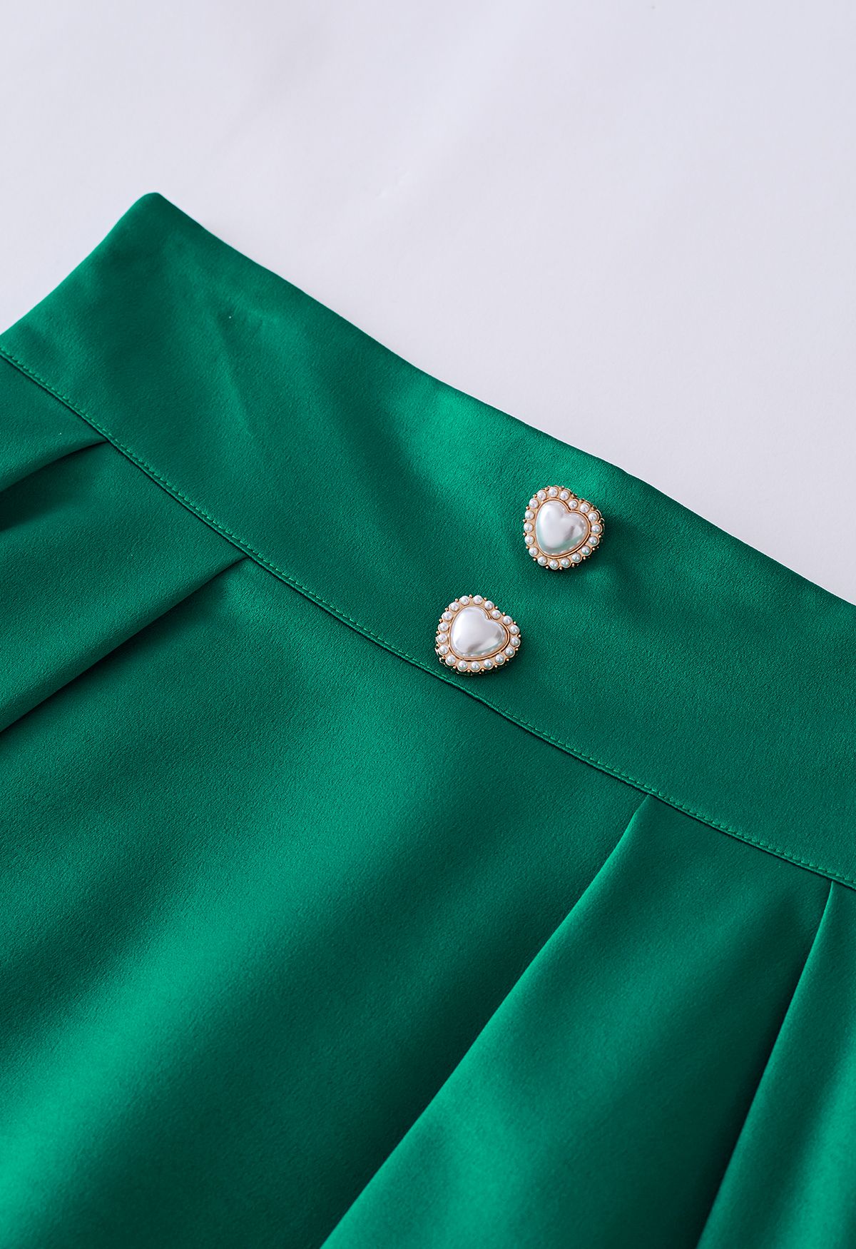 Pearl Heart Buttoned A-Line Midi Skirt in Emerald