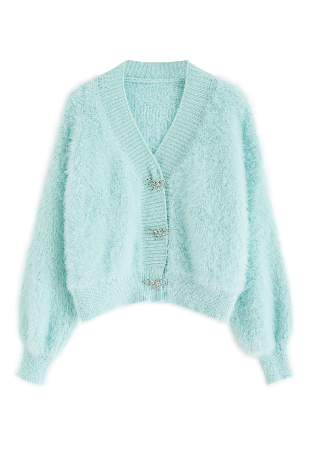 Bowknot Brooch Fuzzy Knit Cardigan in Mint