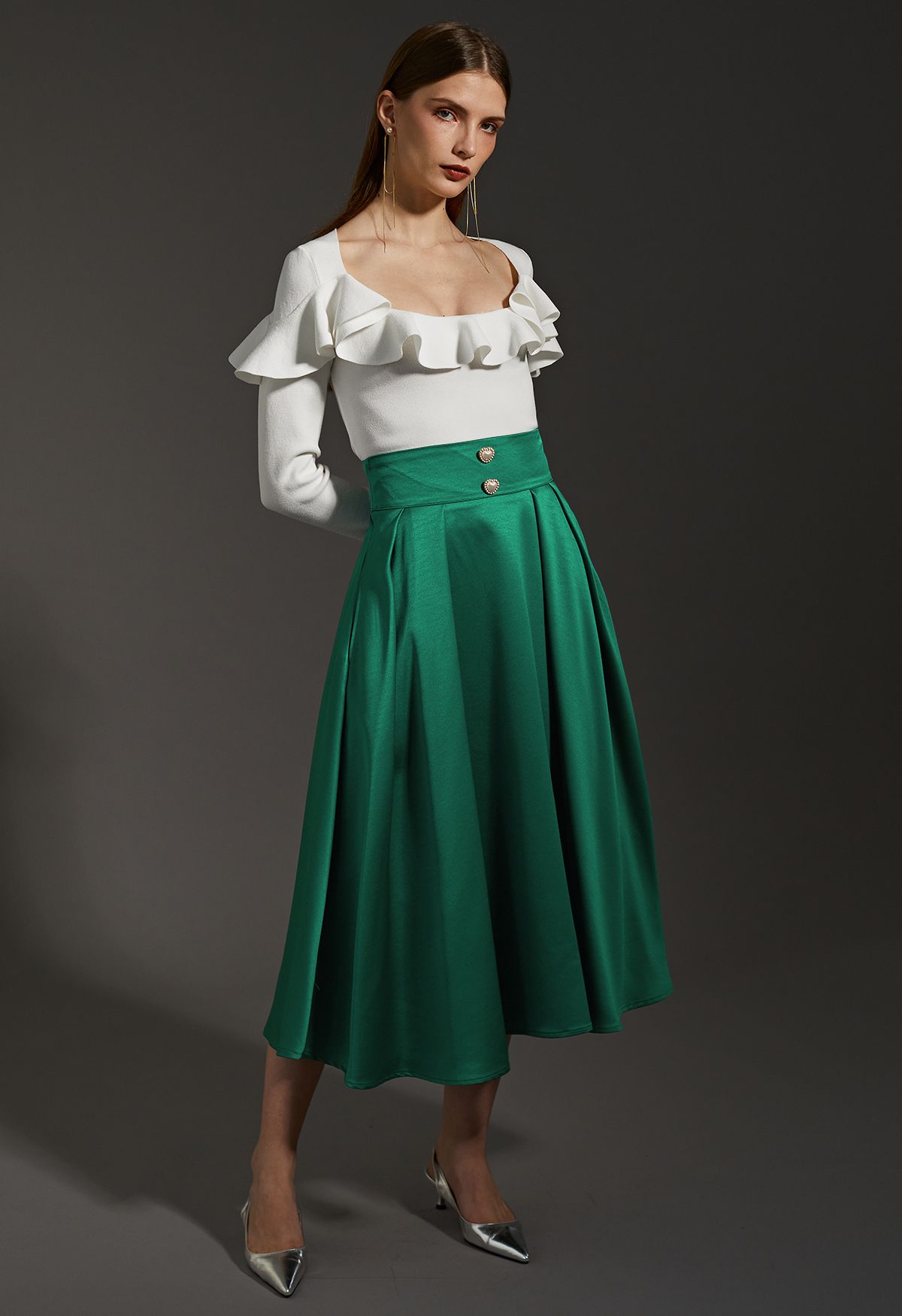 Pearl Heart Buttoned A-Line Midi Skirt in Emerald