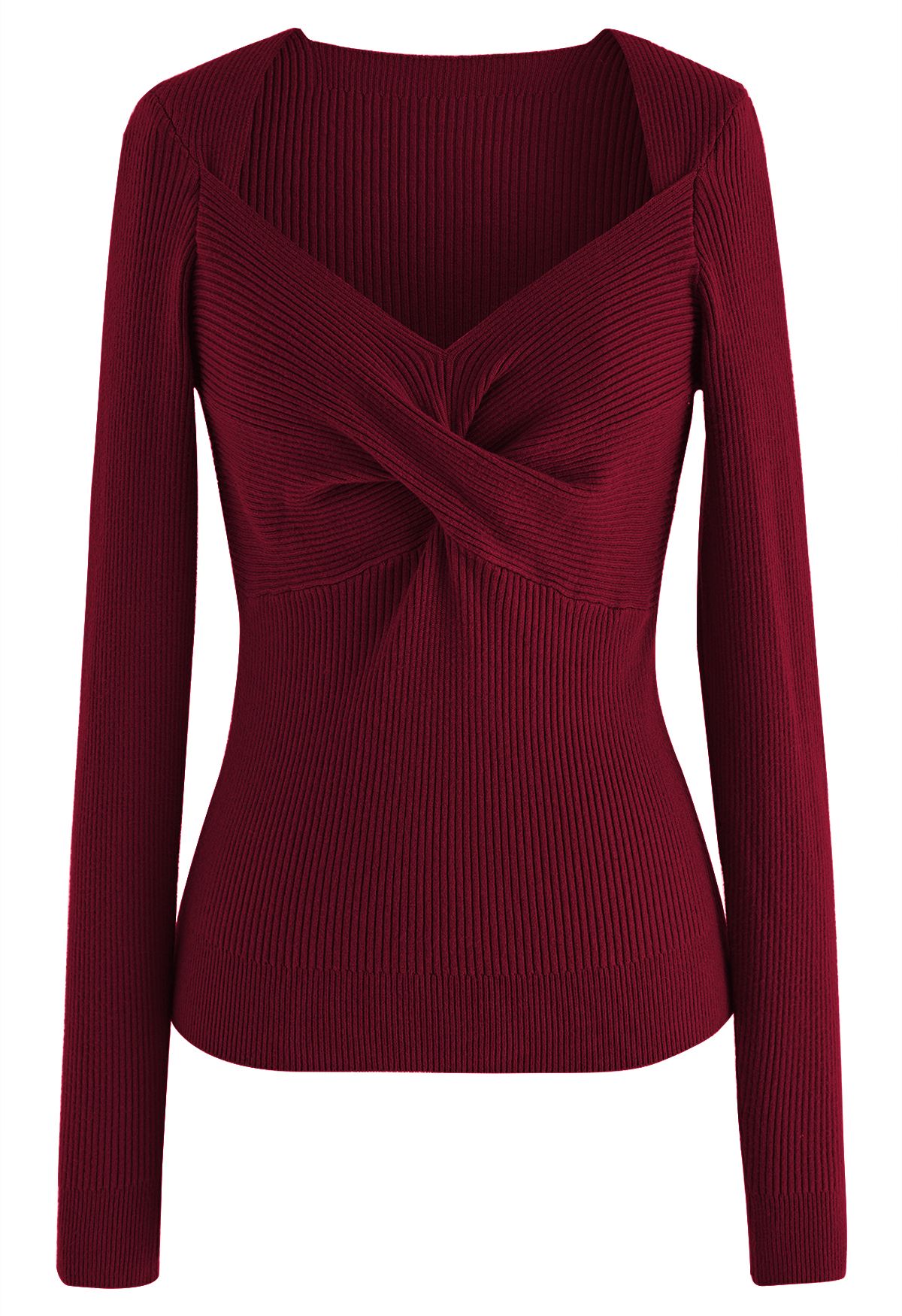 Sweetheart Twist Front Ribbed Knit Top in Burgundy