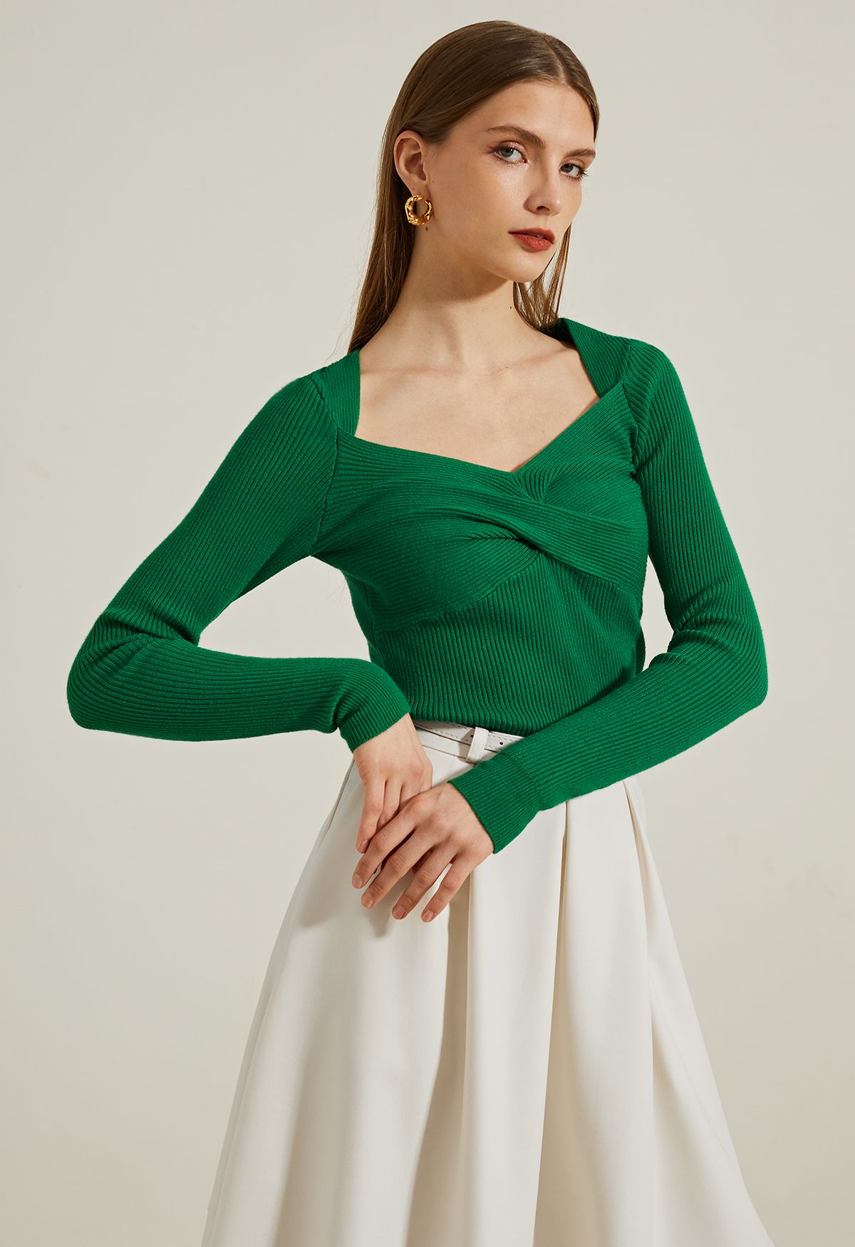 Sweetheart Twist Front Ribbed Knit Top in Green