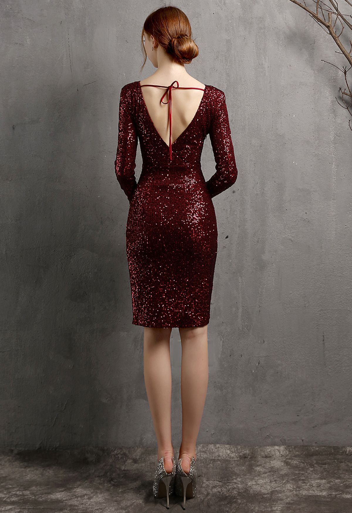 Sparkle Sequin Tie Back Cocktail Dress in Burgundy