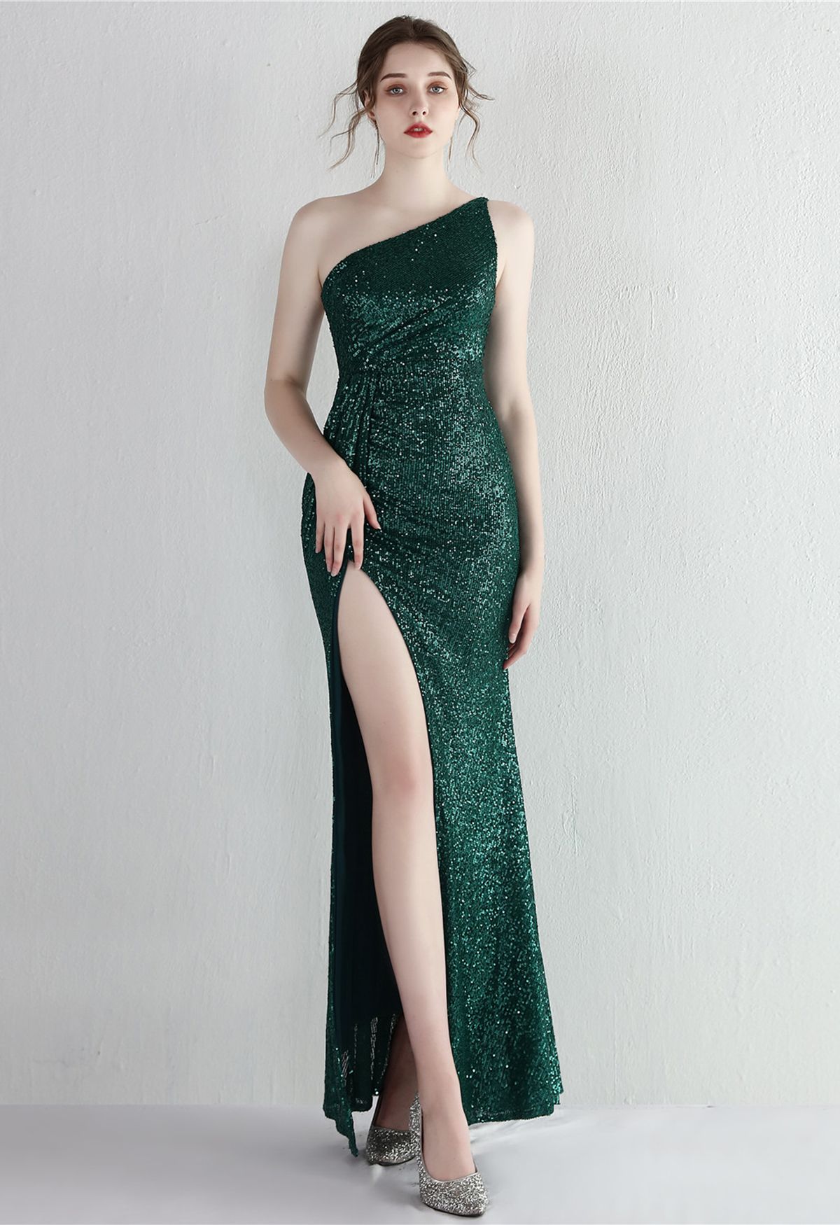 One Shoulder Sequins High Slit Gown in Emerald