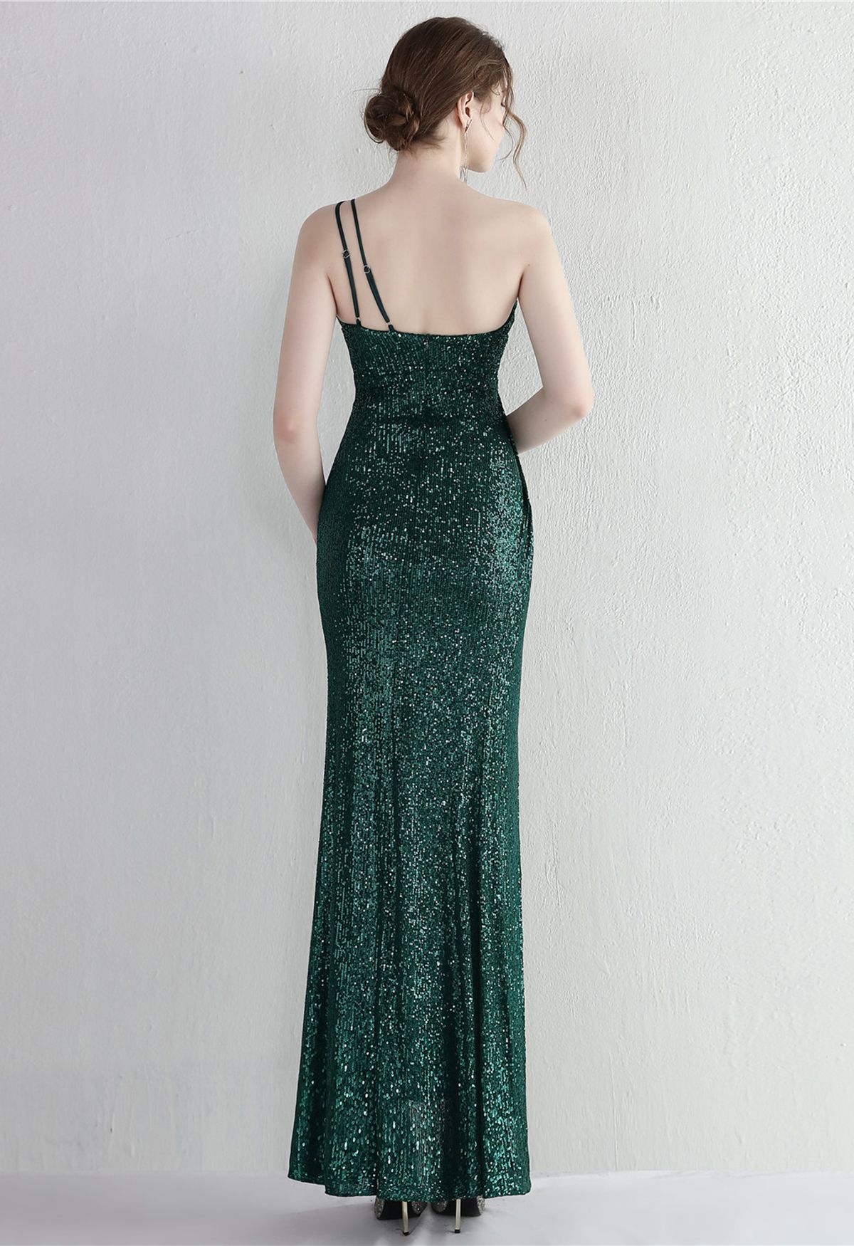 One Shoulder Sequins High Slit Gown in Emerald