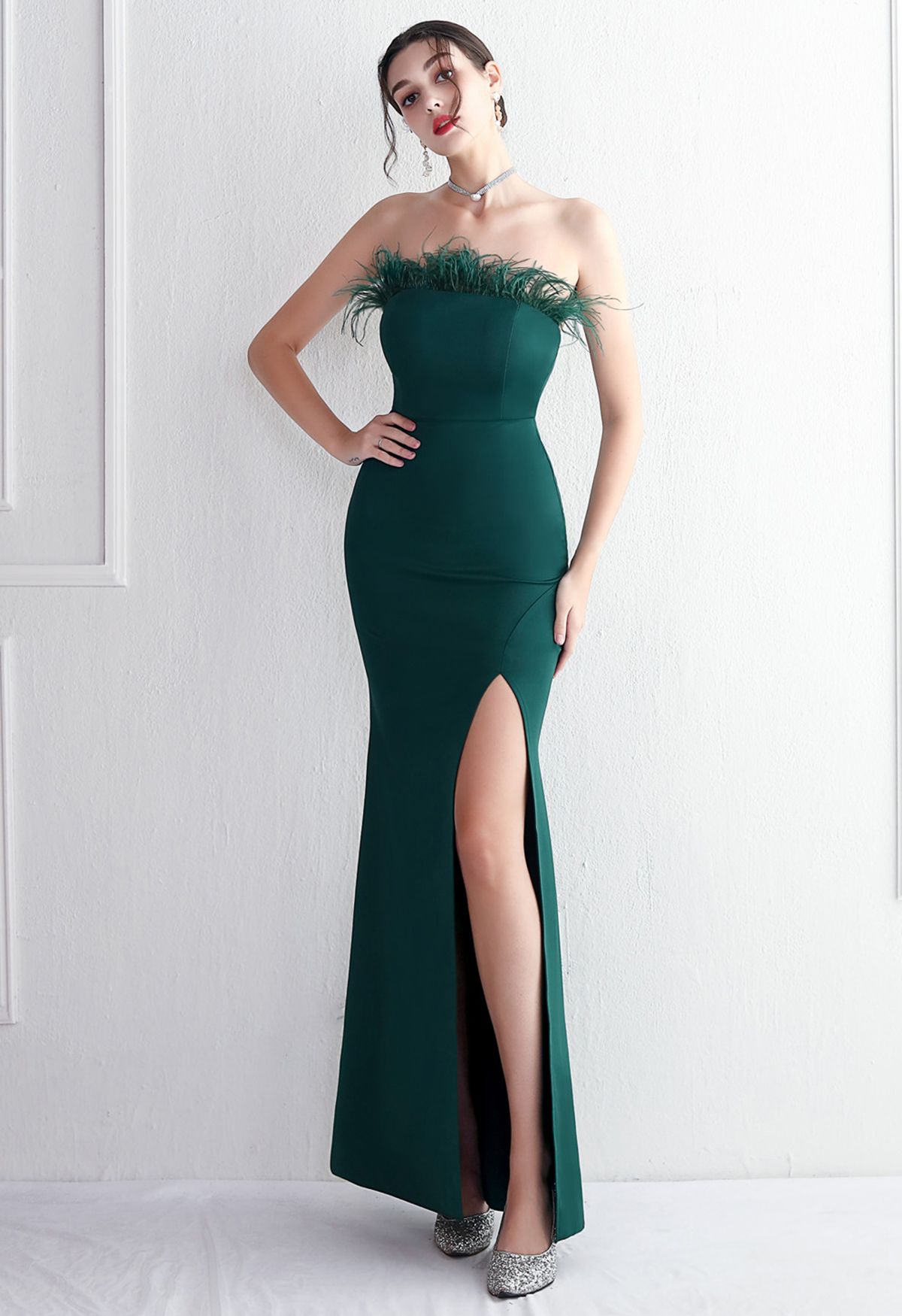 Feather Trim Strapless Slit Gown in Emerald