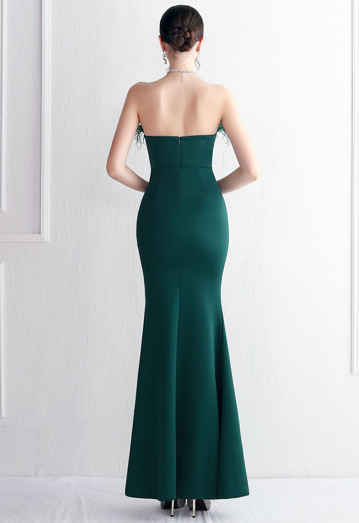 Feather Trim Strapless Slit Gown in Emerald