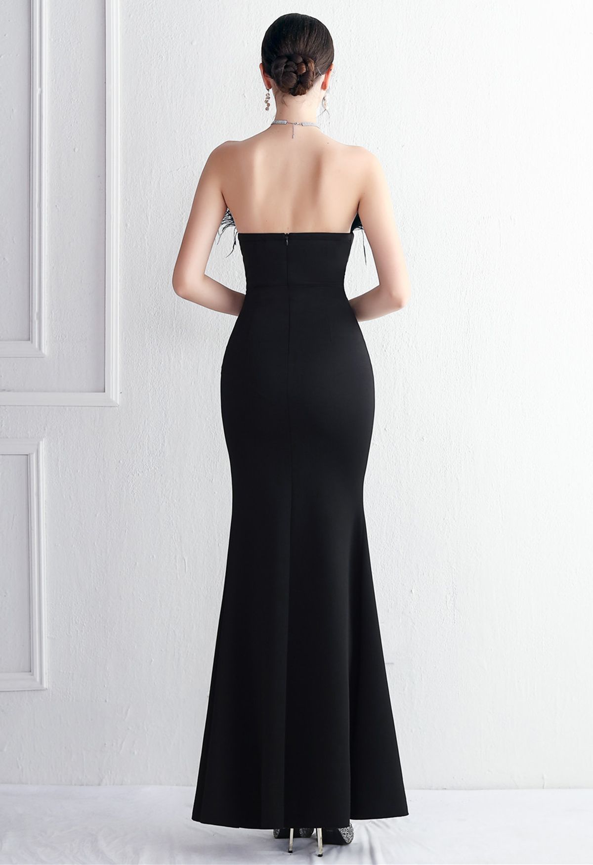 Feather Trim Strapless Slit Gown in Black