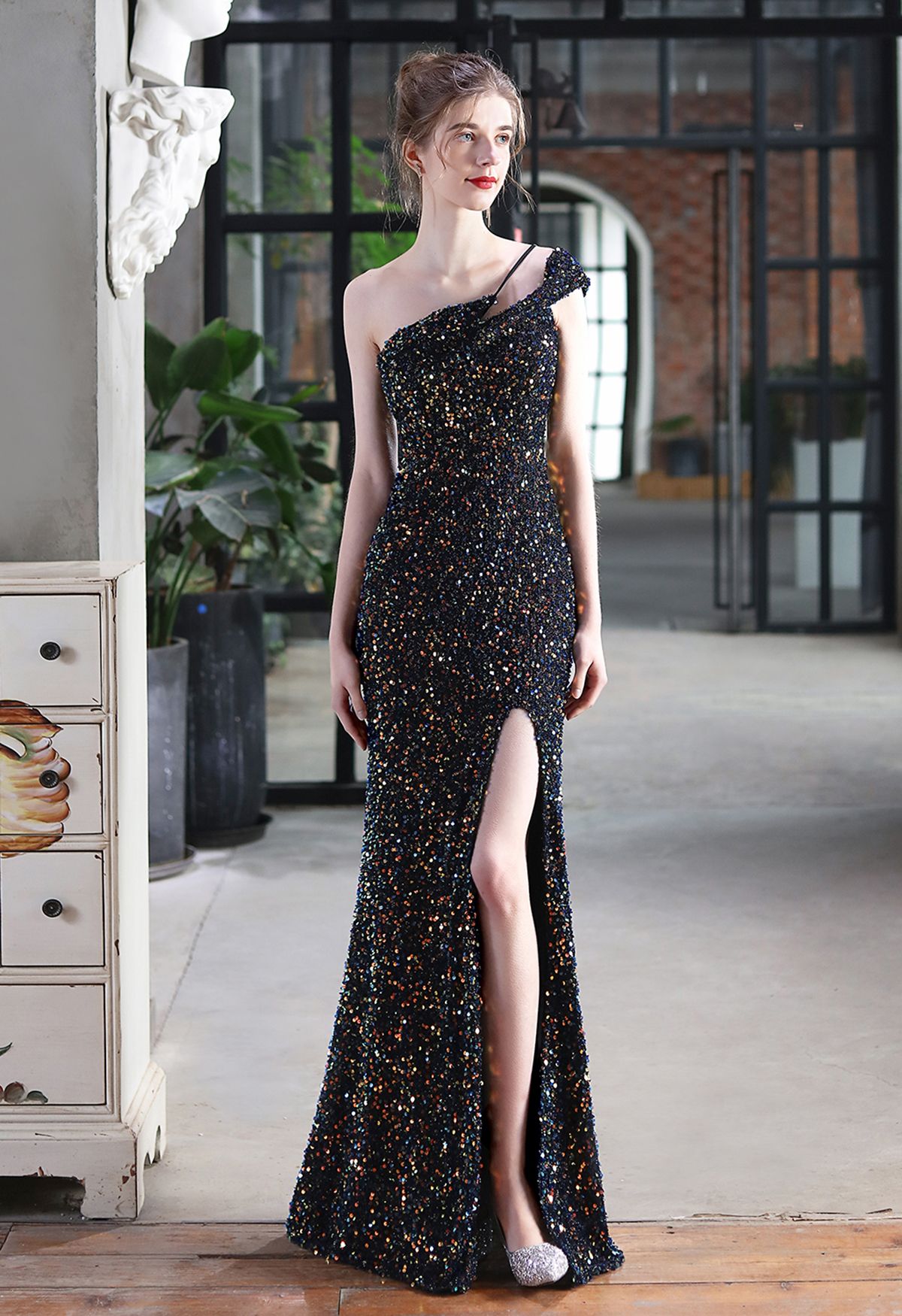 Evening Elegance Sequin One Shoulder Slit Gown in Black