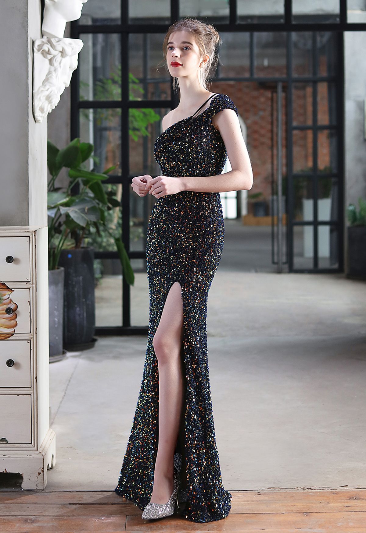 Evening Elegance Sequin One Shoulder Slit Gown in Black