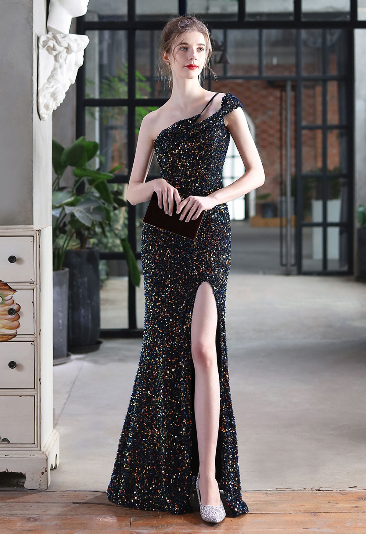 Evening Elegance Sequin One Shoulder Slit Gown in Black