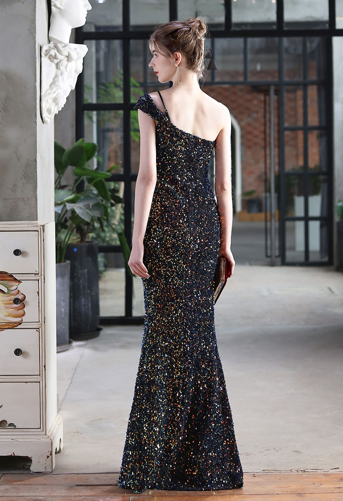 Evening Elegance Sequin One Shoulder Slit Gown in Black