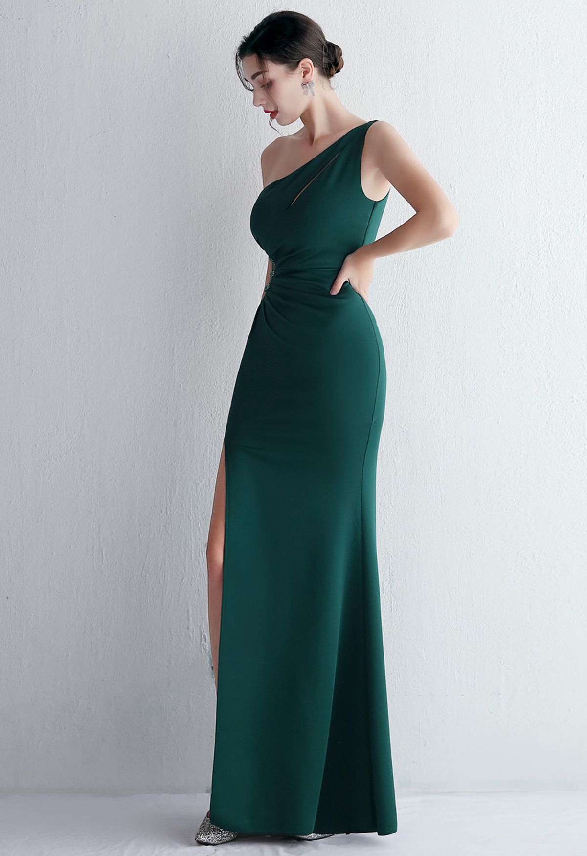 One Shoulder Cutout Slit Gown in Dark Green