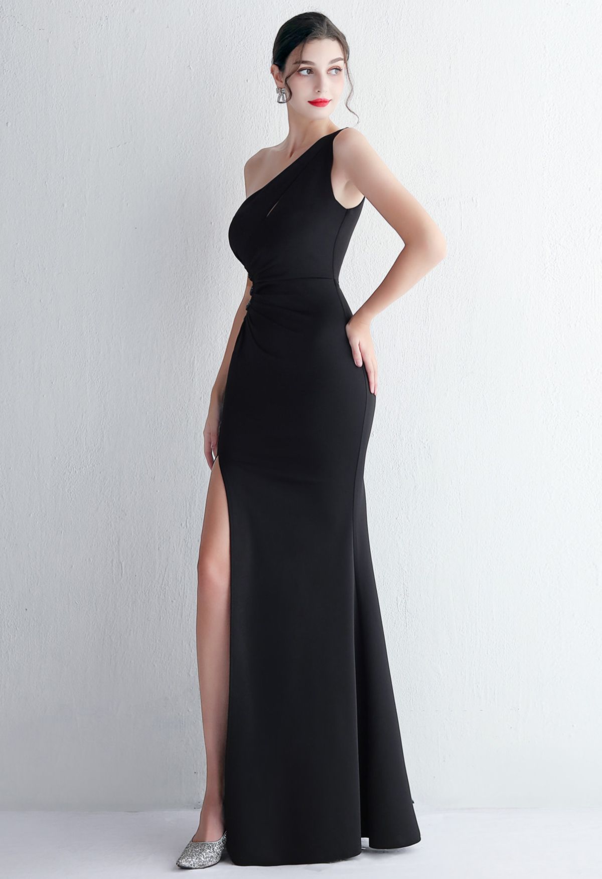 One Shoulder Cutout Slit Gown in Black