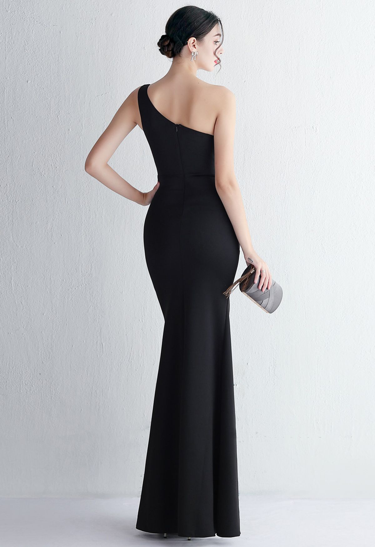 One Shoulder Cutout Slit Gown in Black