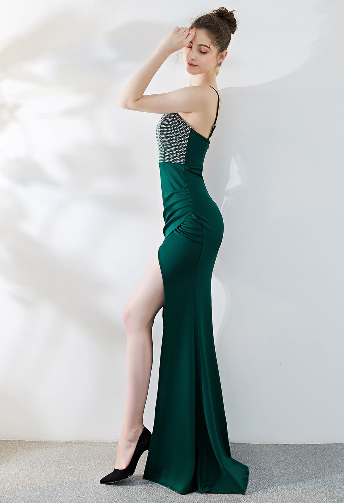 Crystal Embellished High Slit Satin Gown in Emerald