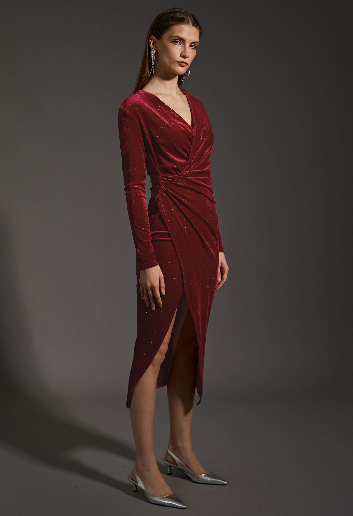 Glittery Velvet Wrap Midi Dress in Burgundy