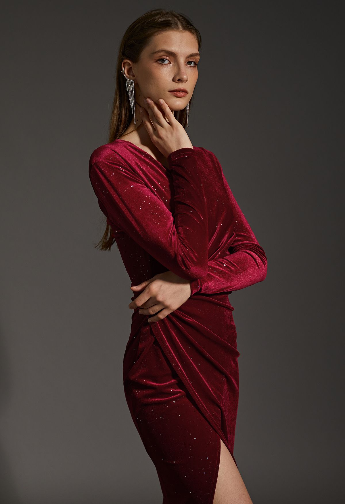 Glittery Velvet Wrap Midi Dress in Burgundy