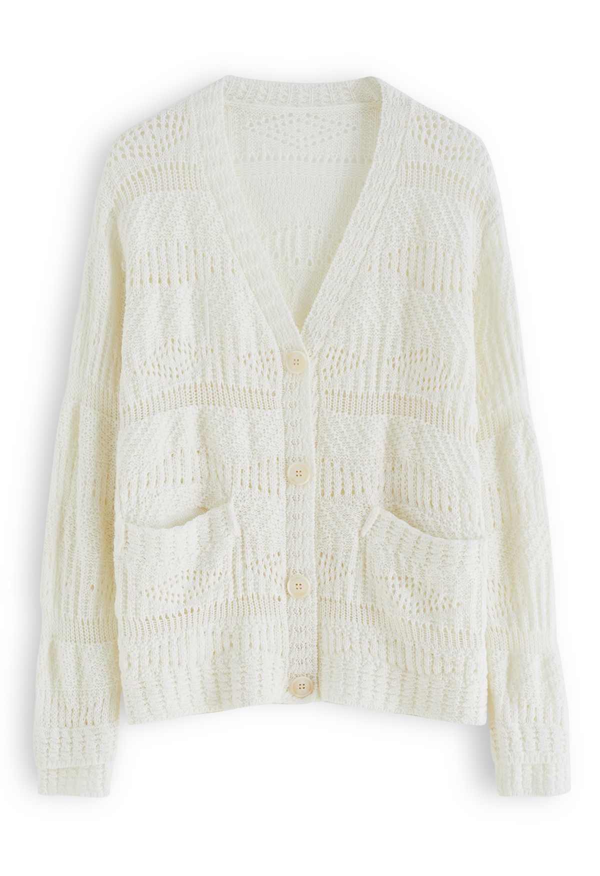 Button Down Openwork Knit Cardigan in Ivory