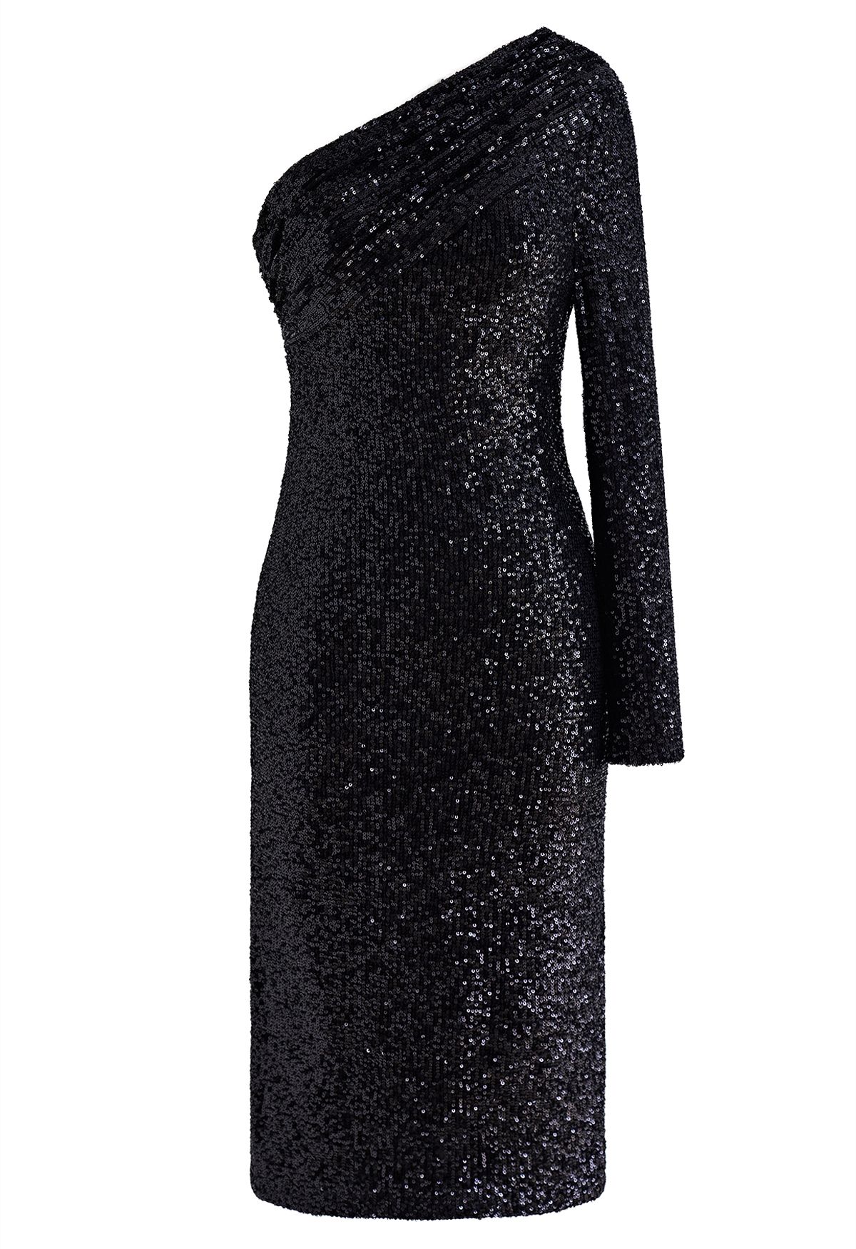 Slanted Shoulder Full Sequins Cocktail Dress in Black