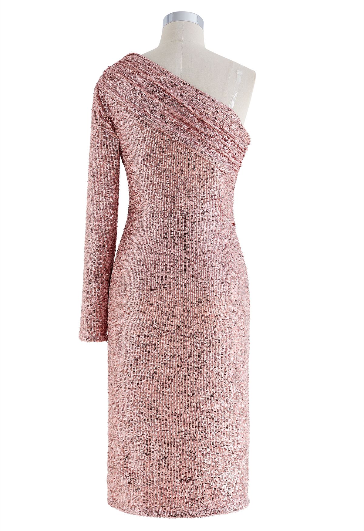 Slanted Shoulder Full Sequins Cocktail Dress in Pink