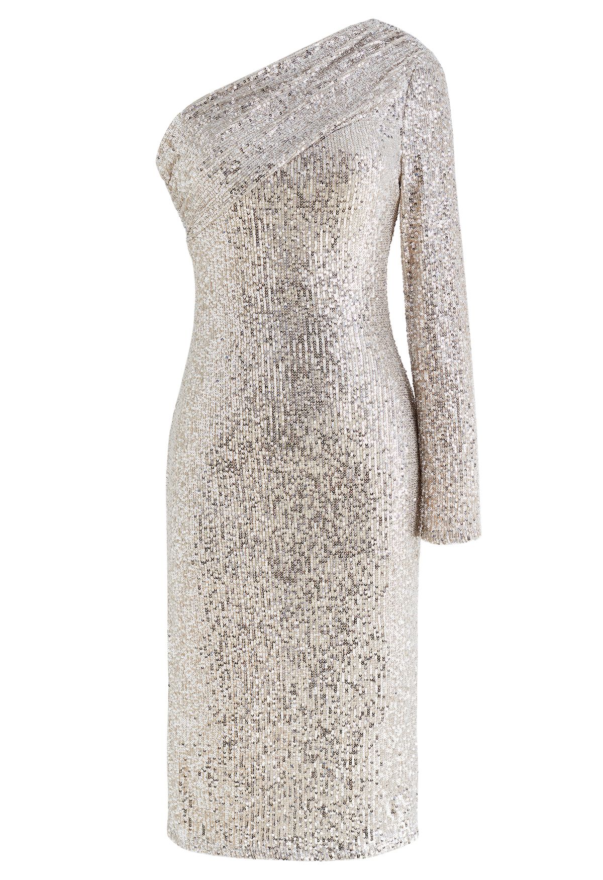 Slanted Shoulder Full Sequins Cocktail Dress in Silver