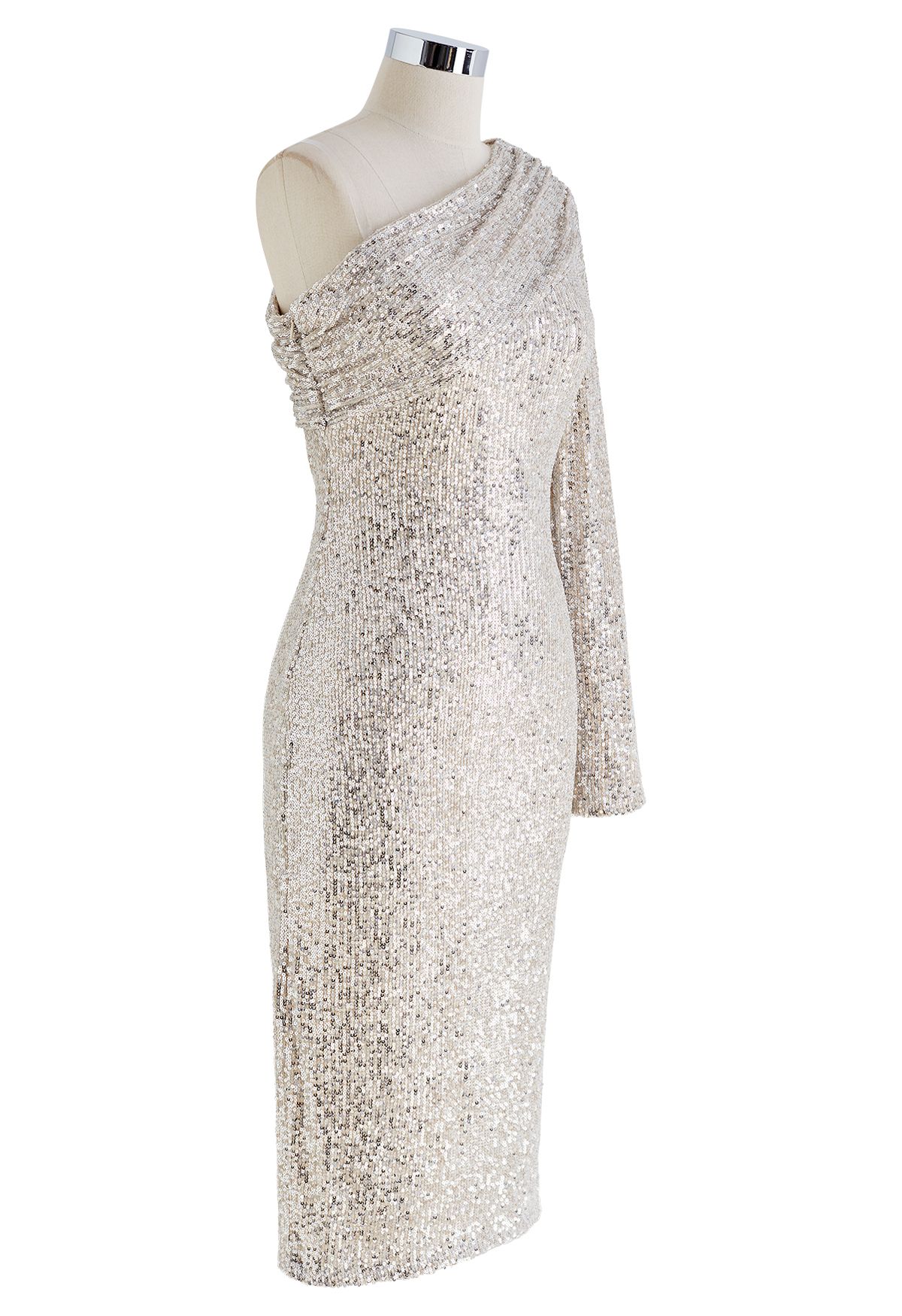 Slanted Shoulder Full Sequins Cocktail Dress in Silver