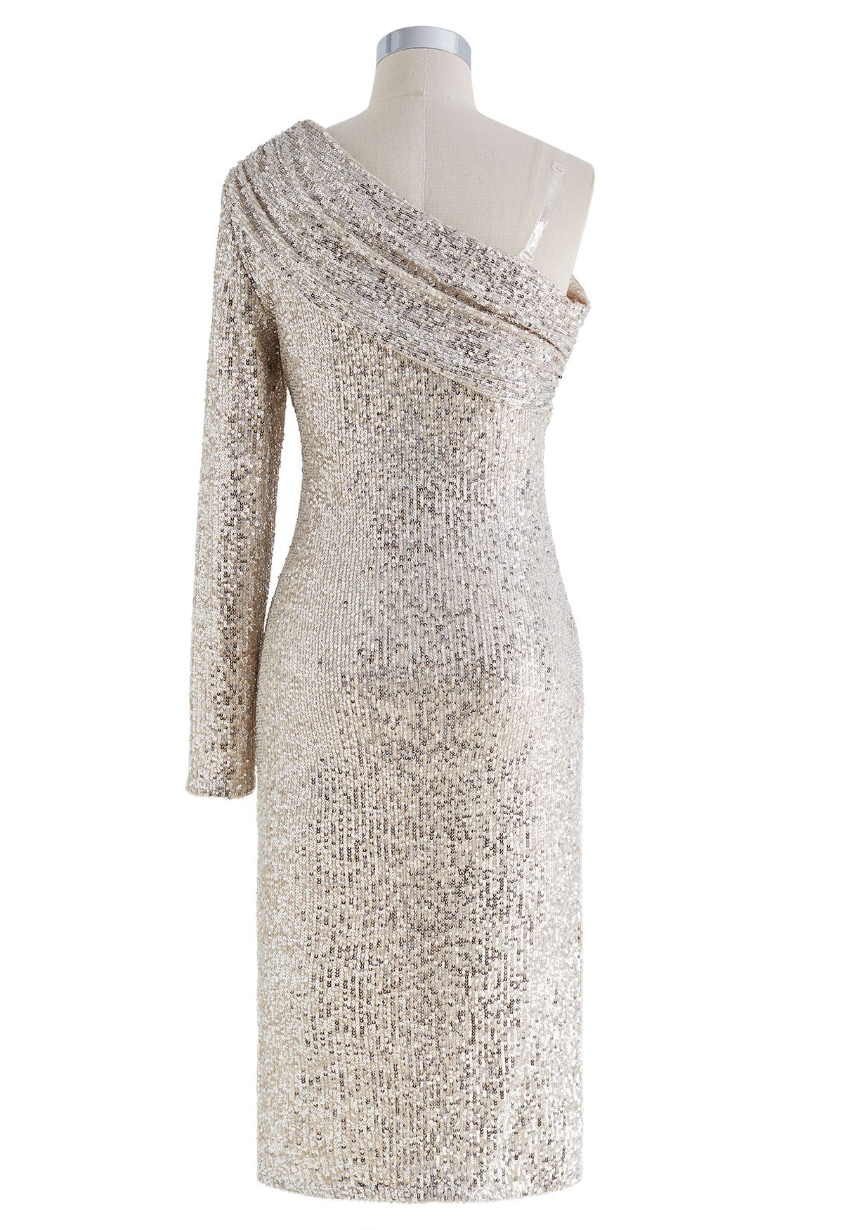 Slanted Shoulder Full Sequins Cocktail Dress in Silver