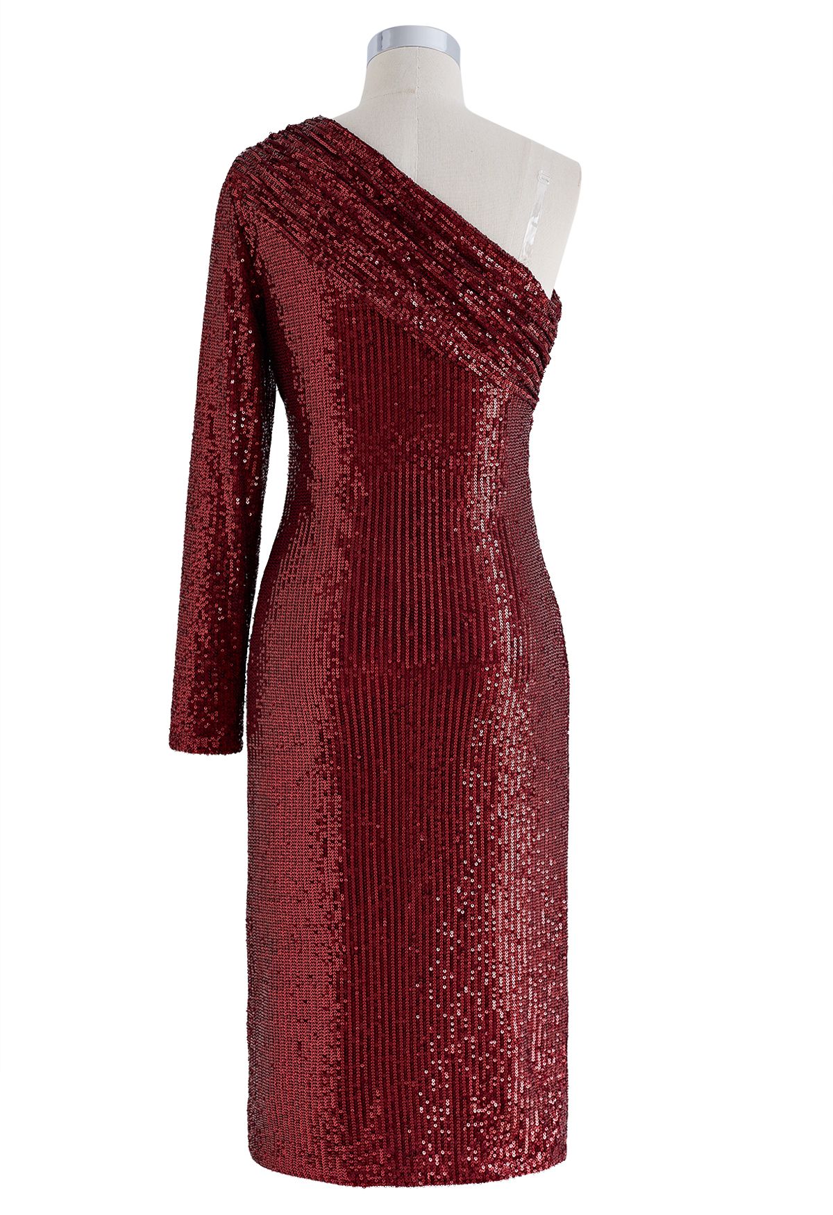 Slanted Shoulder Full Sequins Cocktail Dress in Burgundy