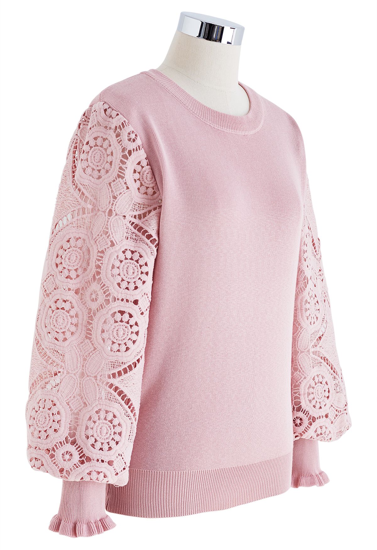 Floral Crochet Sleeve Knit Top in Pink