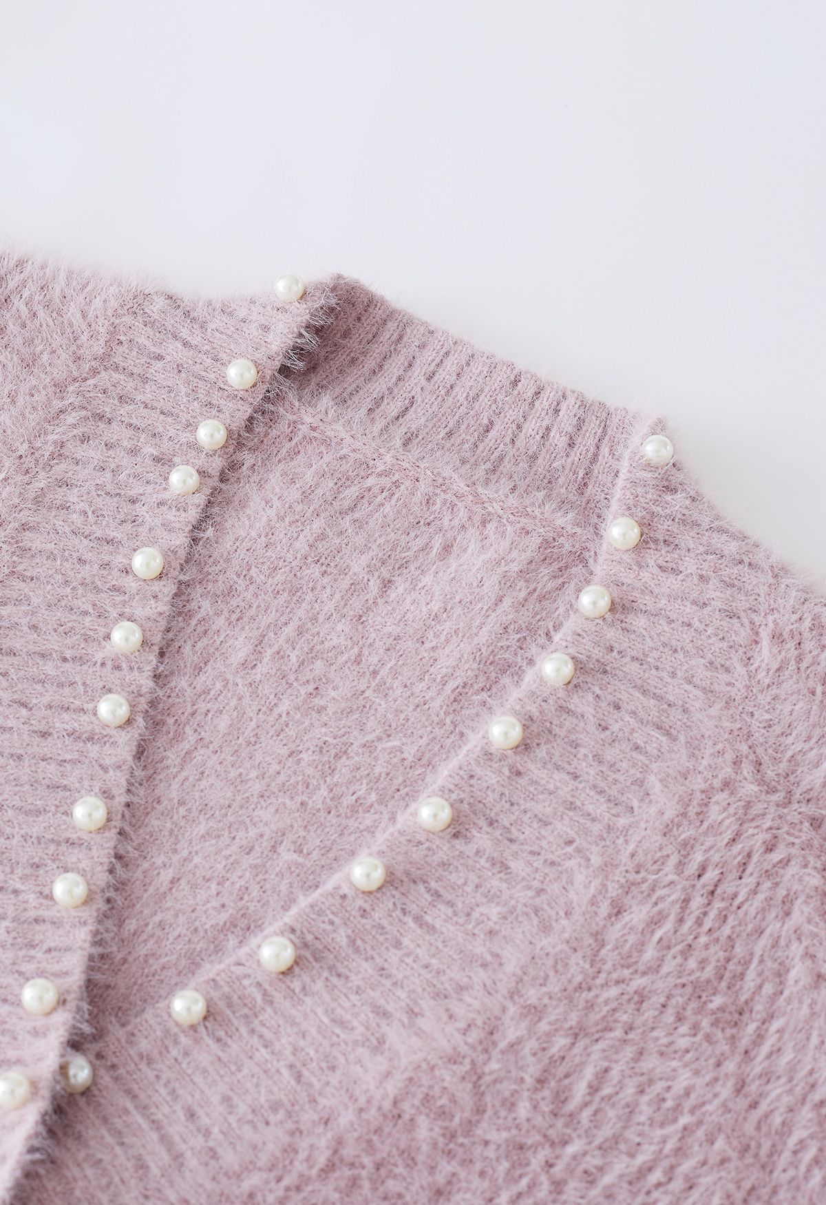 Pearls Trim Pocket Fuzzy Knit Cardigan in Dusty Pink