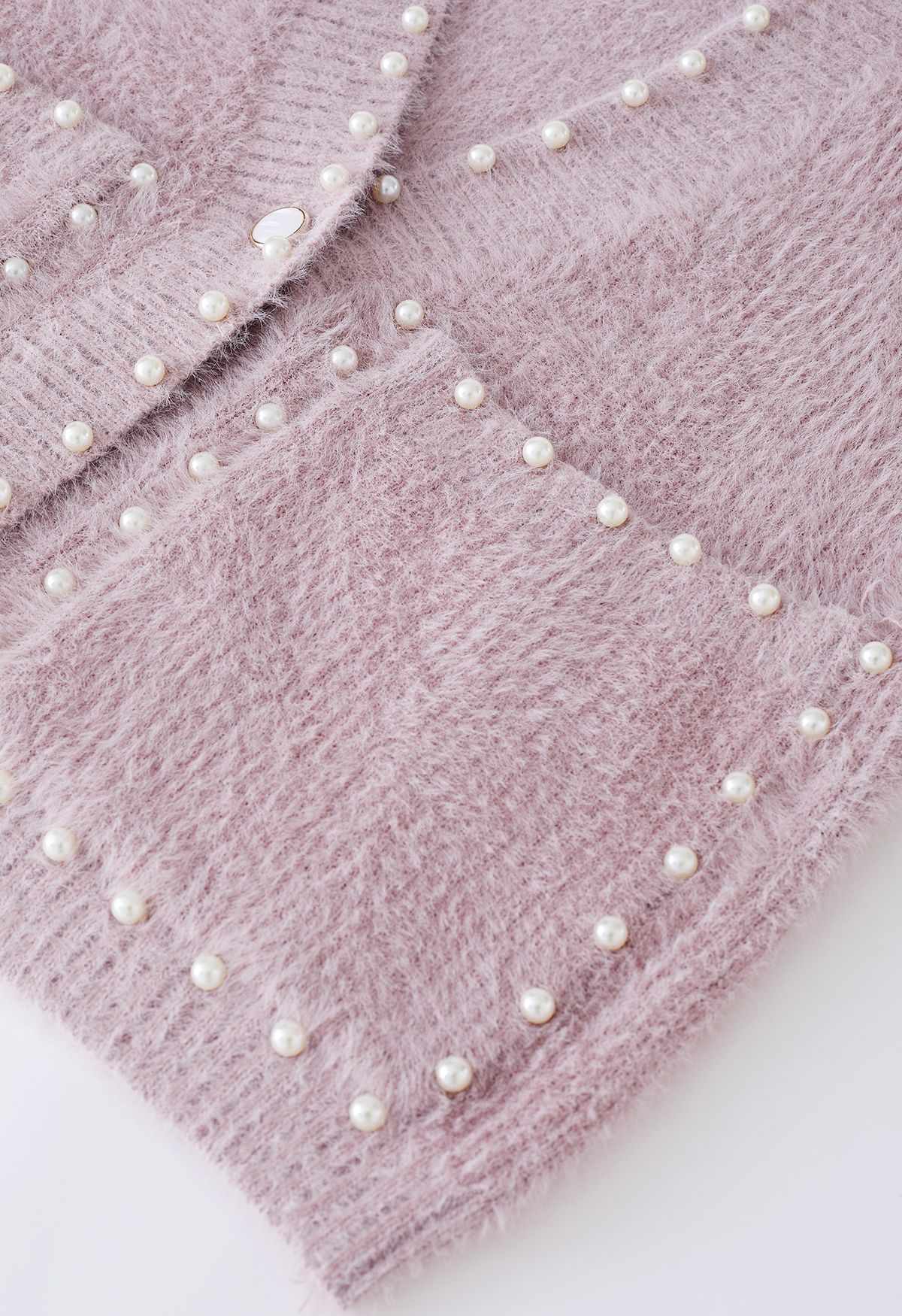 Pearls Trim Pocket Fuzzy Knit Cardigan in Dusty Pink