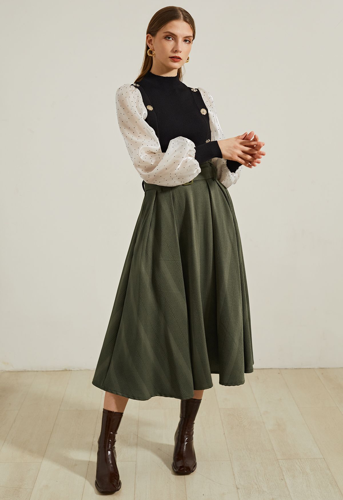 Belted Texture Flare Midi Skirt in Olive