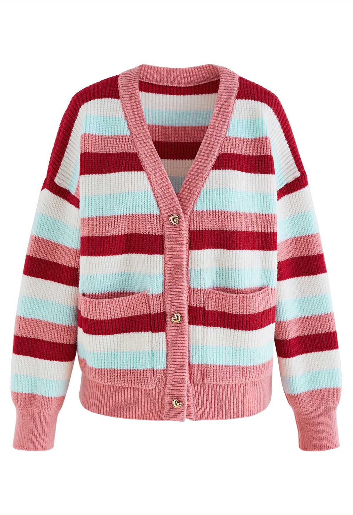 Multicolor Stripes Heart Button Cardigan