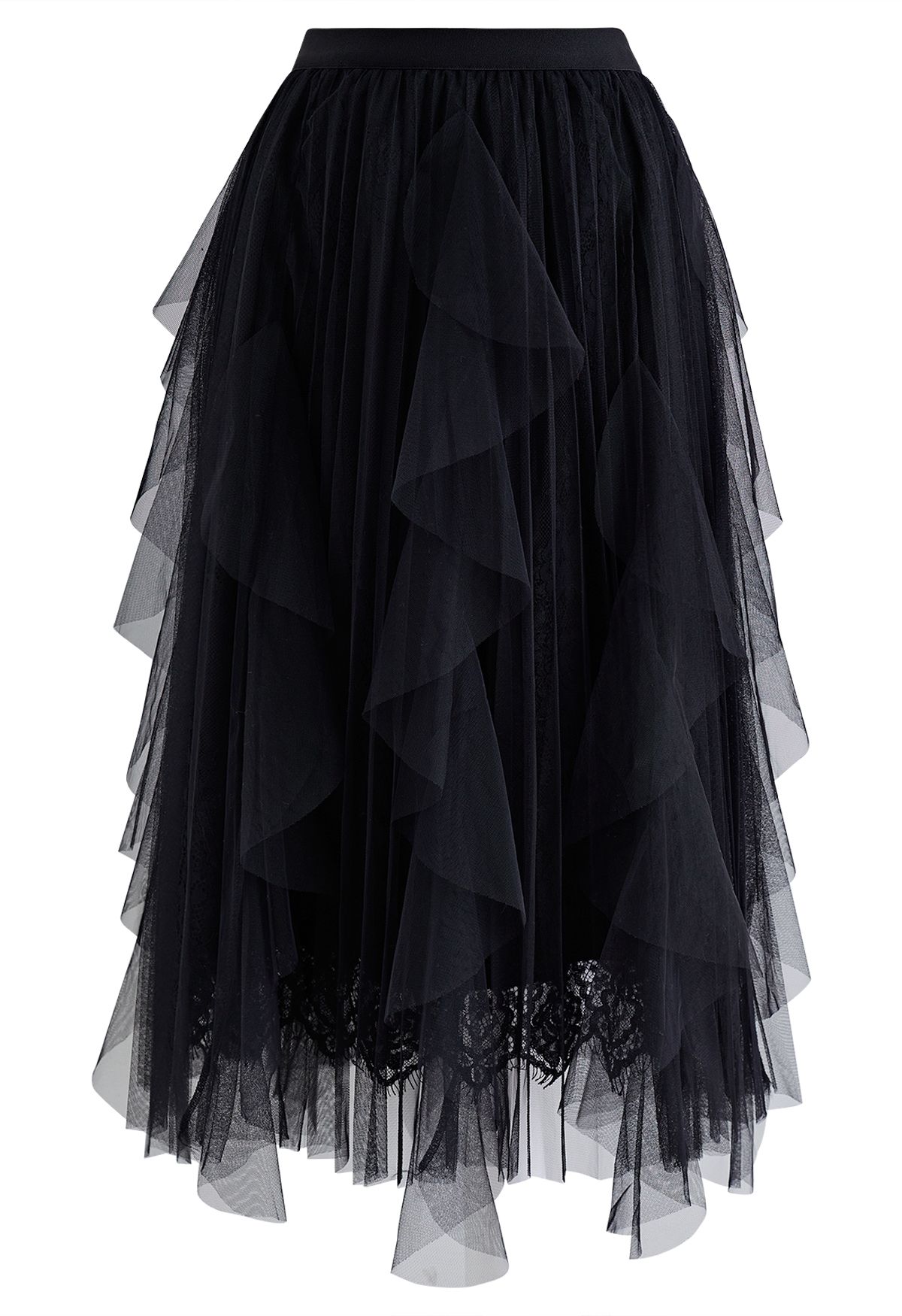 Floral Lace Ruffle Mesh Tulle Skirt in Black