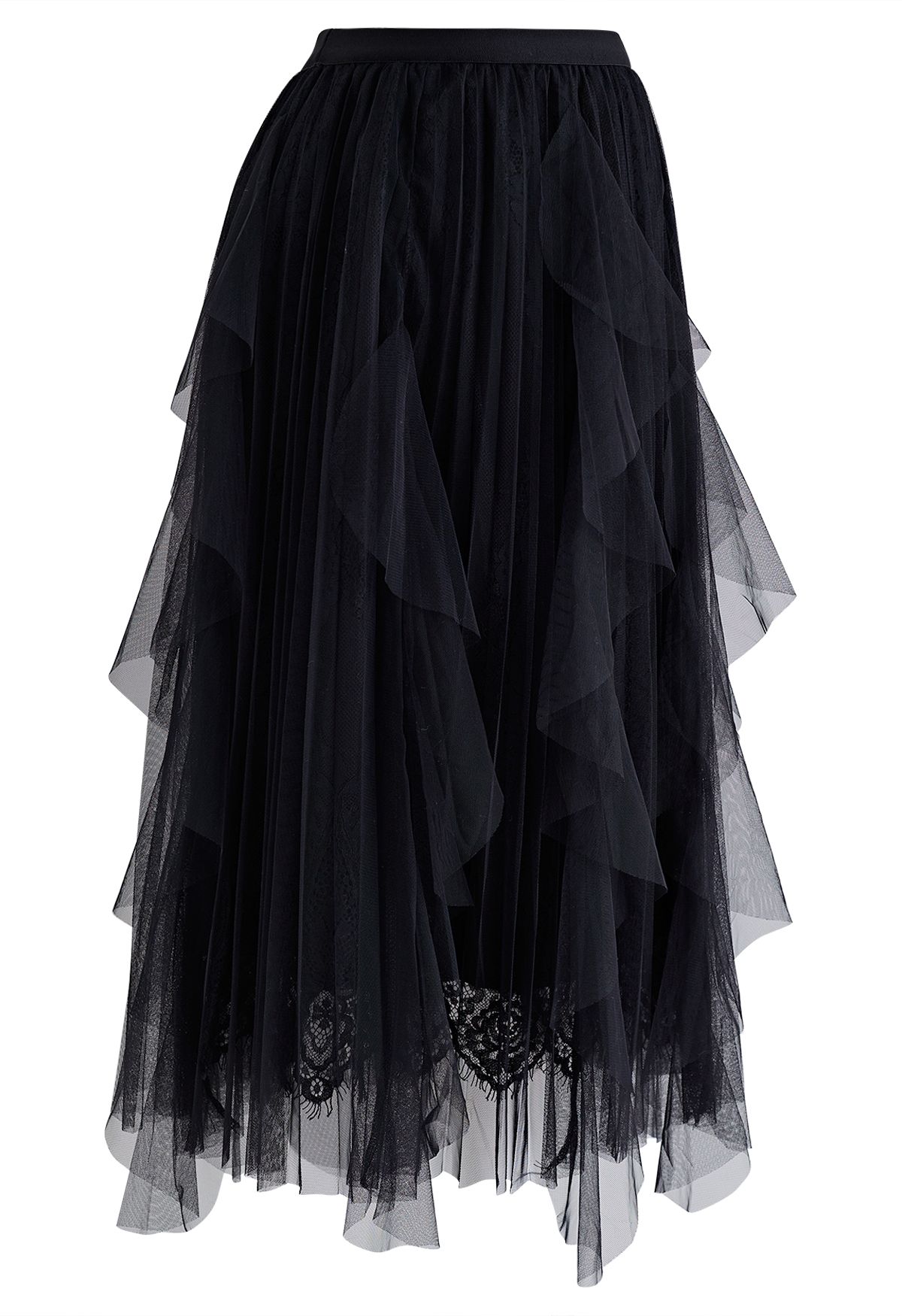 Floral Lace Ruffle Mesh Tulle Skirt in Black