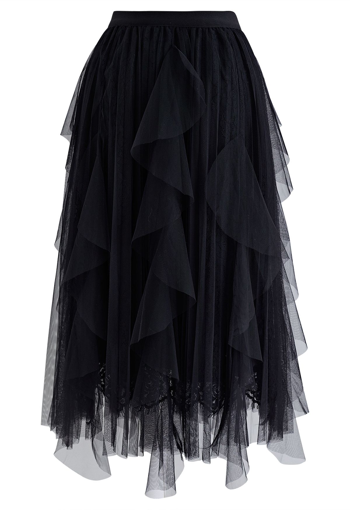 Floral Lace Ruffle Mesh Tulle Skirt in Black