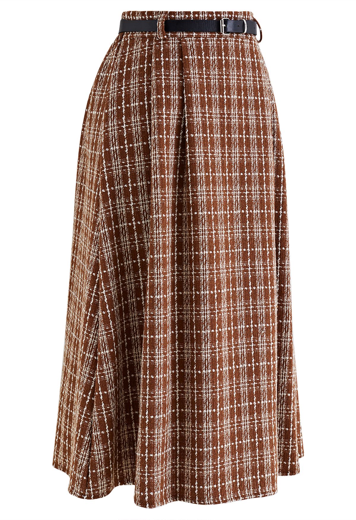 Grid Belted Flare Tweed Midi Skirt in Rust Red