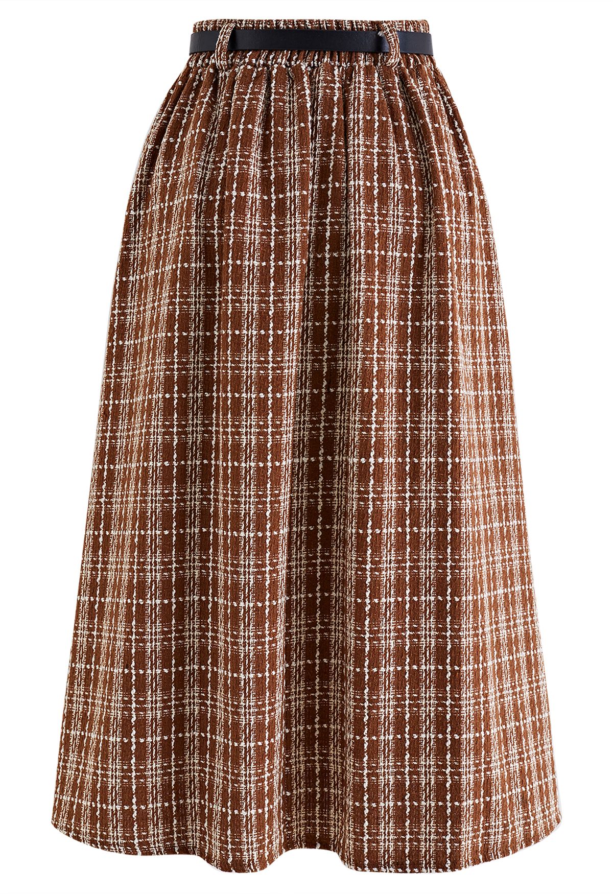 Grid Belted Flare Tweed Midi Skirt in Rust Red