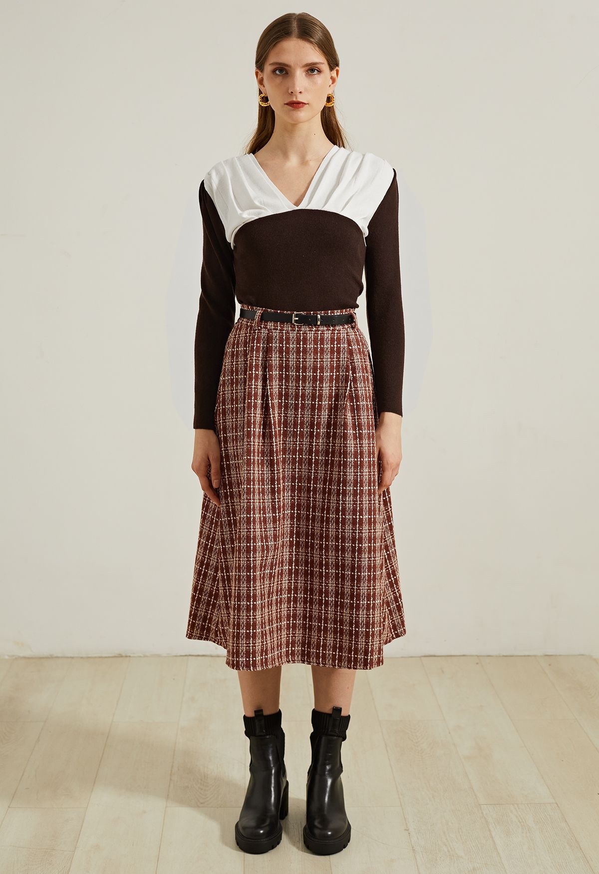 Grid Belted Flare Tweed Midi Skirt in Rust Red