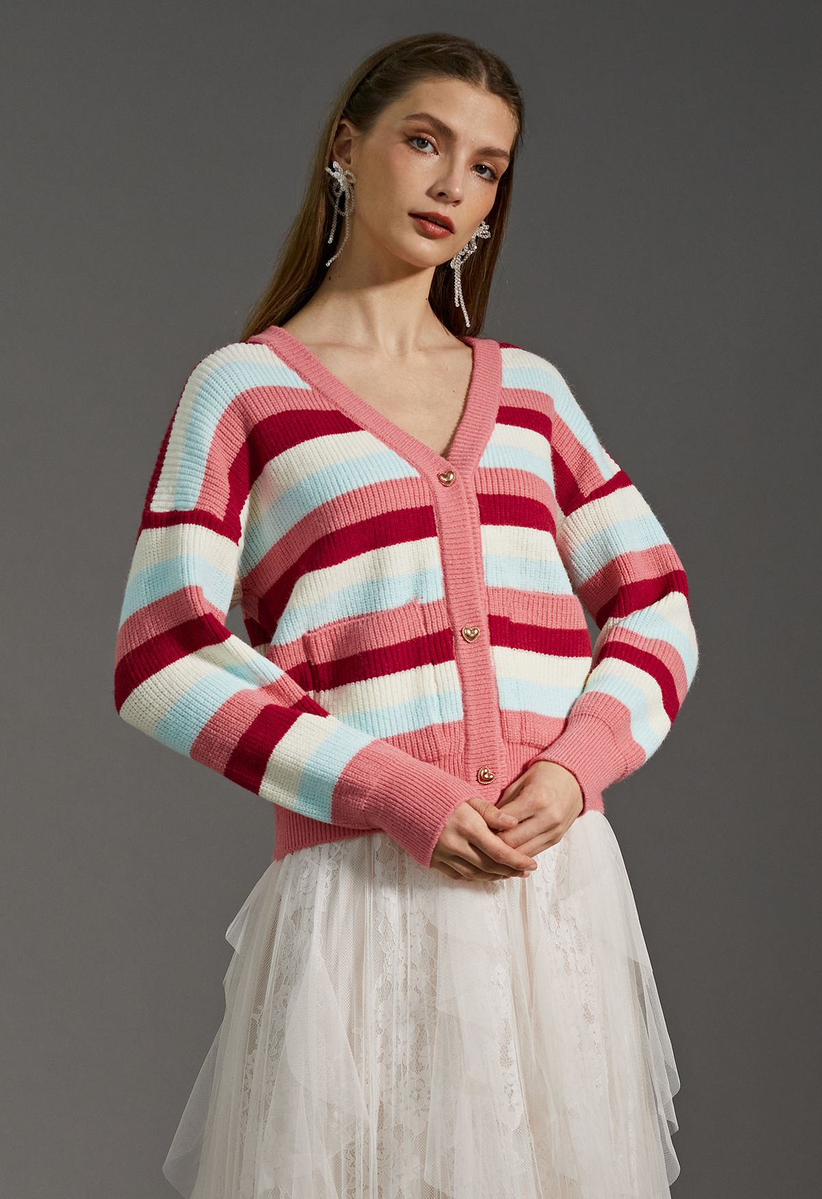 Multicolor Stripes Heart Button Cardigan