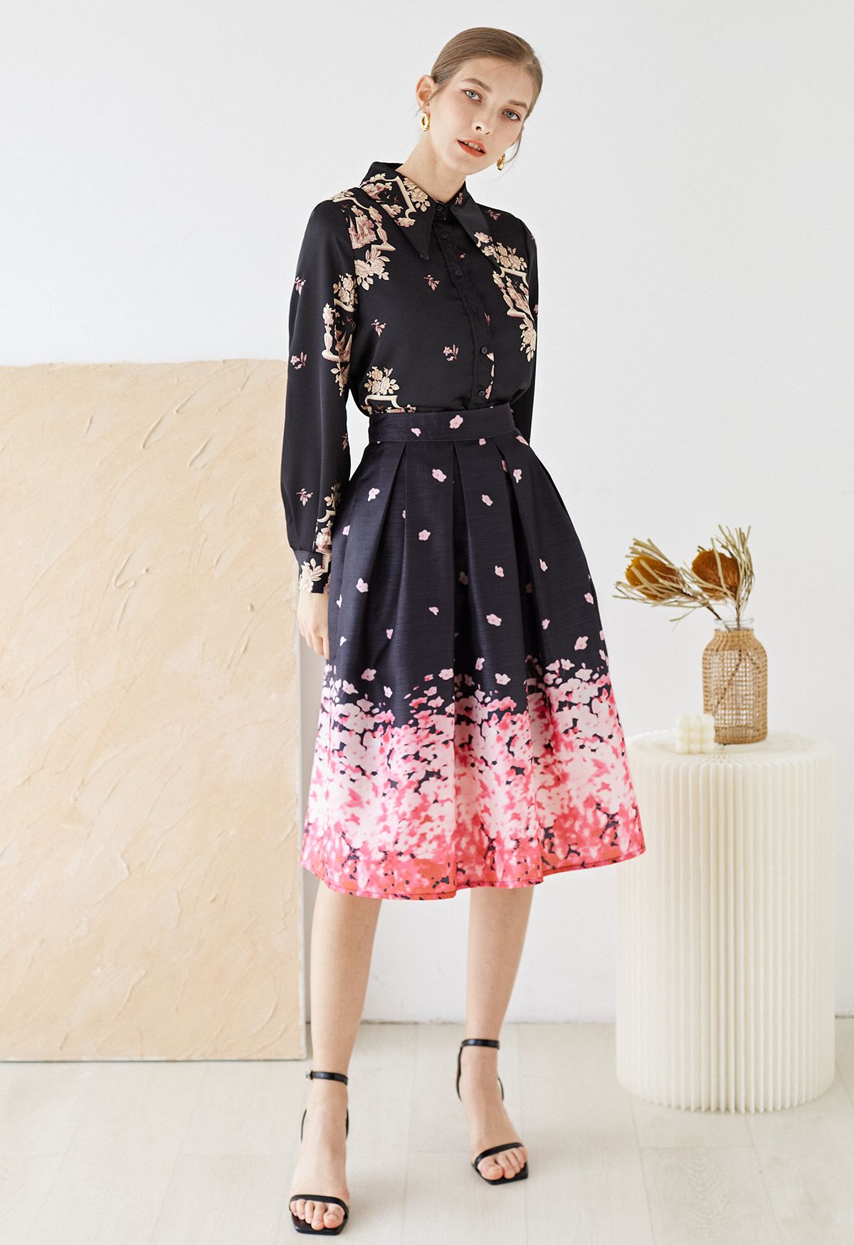 Falling Flowers Shimmer Pleated Midi Skirt